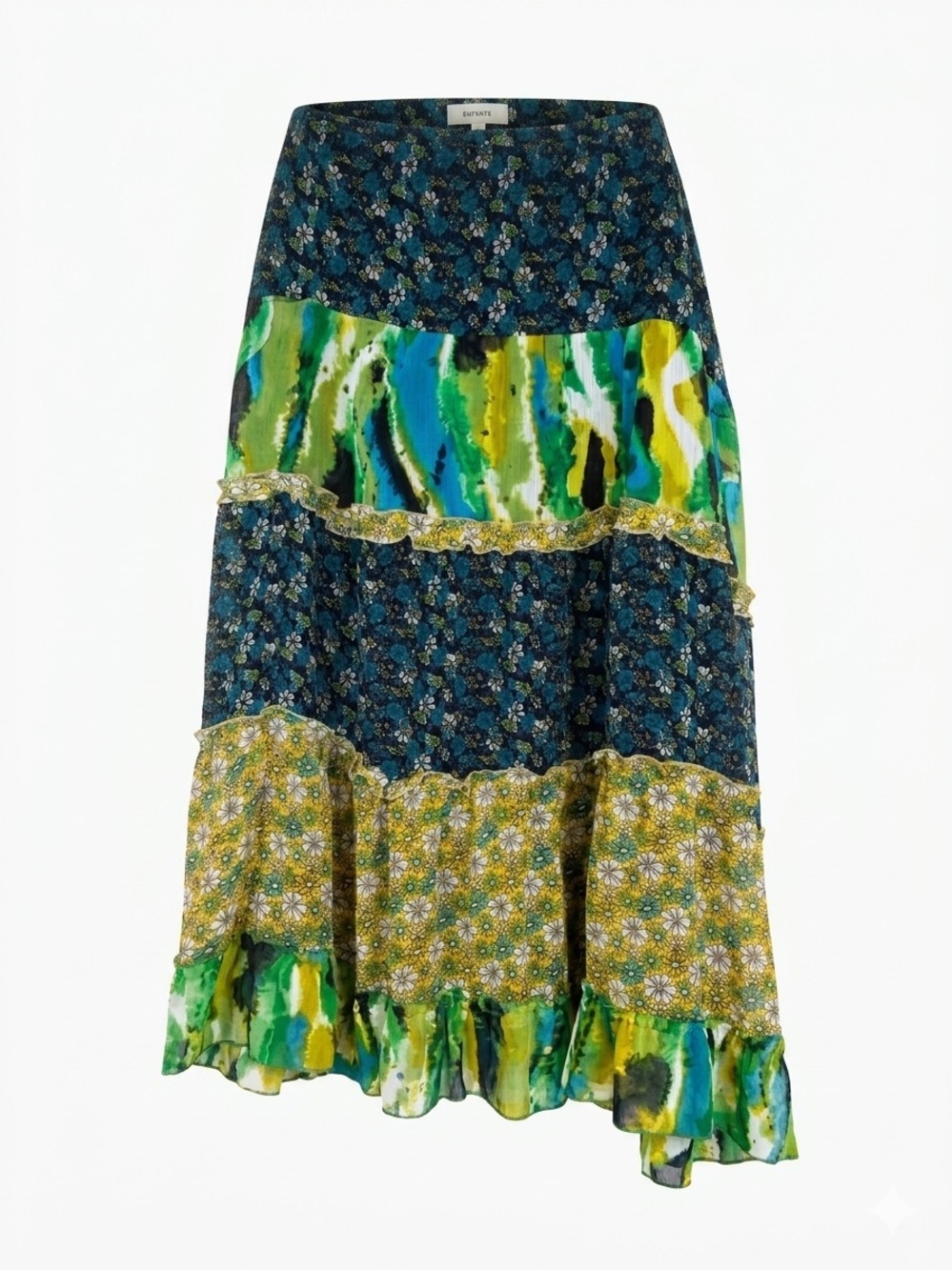 Whimsy Mixed Print Tiered Midi Skirt Floral Boho Ruffle Hem Mod Retro Vintage